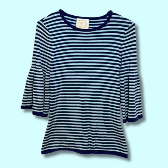 Sail to Sable Blue & Turquoise Striped Bell Sleeved Sweater - Picture 1 of 8